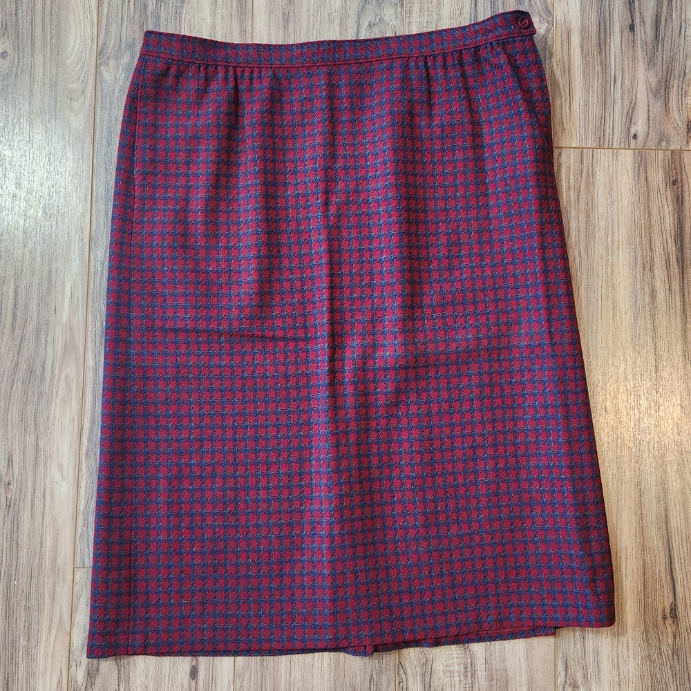 Vintage 70s Pendleton Wool Houndstooth Red Burgundy Skirt Academia